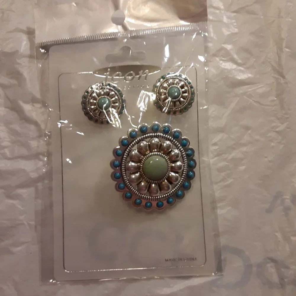 Round With Stones Earrings and Brooch New - Picture 1 of 4